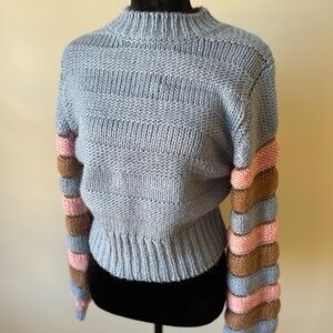 LUSH Blue Woven Sweater with Beautiful Pink & Brown Arm Detailing